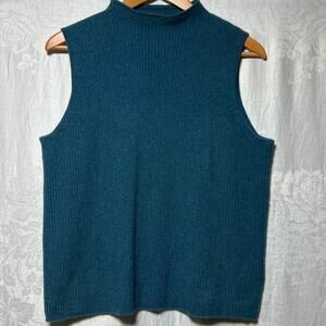 Halston 100% Cashmere Shell XL Teal High Neck Sleeveless Tank Sweater 2 Ply